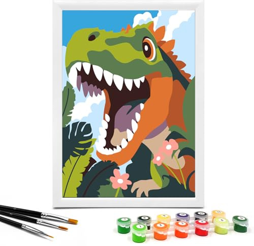 Nariolar Paint by Numbers for Kids Ages 4-8 with 7X9.5 inch Pre-Printed Cardboard,12 Acrylic Paint Pots and 3 Painting Brushes, Craft Gift Room Decor for Children,(Cute Dinosaur)