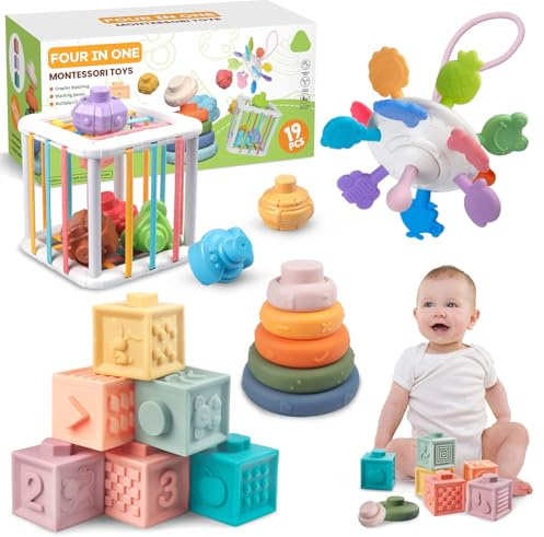 Plunack Juguetes Montessori 4 en 1 para Bebés de 6 Meses a 3 Años, Bloques de Construcción Apilables, Cubo de Actividades Sensoriales, Juegos Educativos Regalo para Cumpleaños Navidad