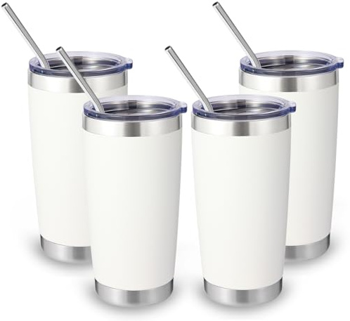 Volhoply 600ml（20oz） Thermobecher mit Deckel und Strohhalm Bulk 4 Pack,Doppelte Wand isoliert Reise Eiskaffee Mug Fits Tassenhalter,Pulver beschichtete Tassen für heiße/kalte Getränke(Weiß,4)