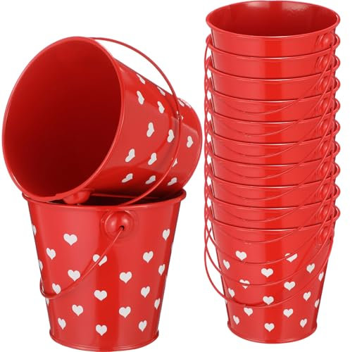 meekoo 12 Pcs Valentine Day Mini Buckets with Handle 4 Red Metal Heart Bucket Small Sand Pails Valentines Party Favor Candies Crayon Pencil Gift Holder for Valentines School Party Favor