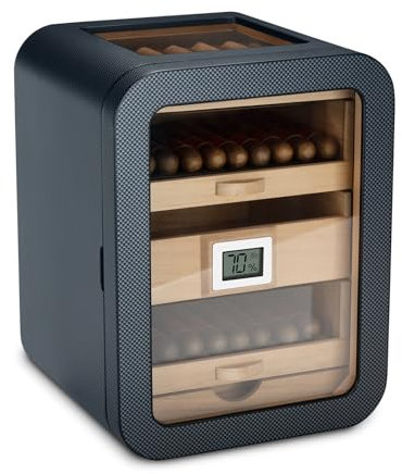 CIGARLOONG Cedar Wood Cigar Humidor Cabinet with Glass Top&Humidifier&Digital Hygrometer,4 Large Capacity Drawers Storage 110 Counts,Luxury Gift for Men (Grey)