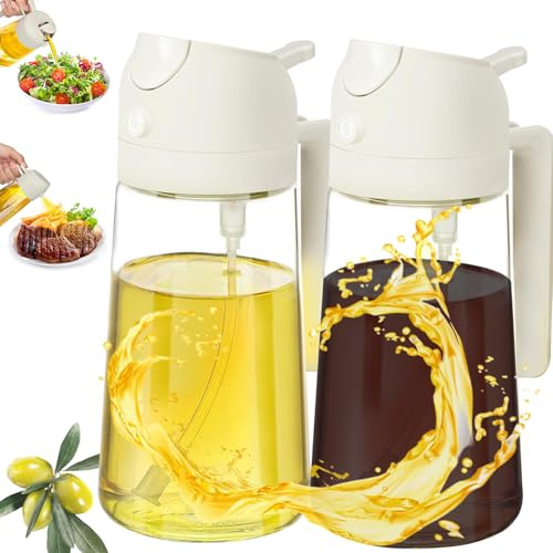 2Pack,Olive Oil Sprayer for Cooking,2 in 1/16oz/470ml Glass Oil Spray Bottle,Bottle for Kitchen Gadgets,Air Fryer,Salad,Frying,BBQ.(white)