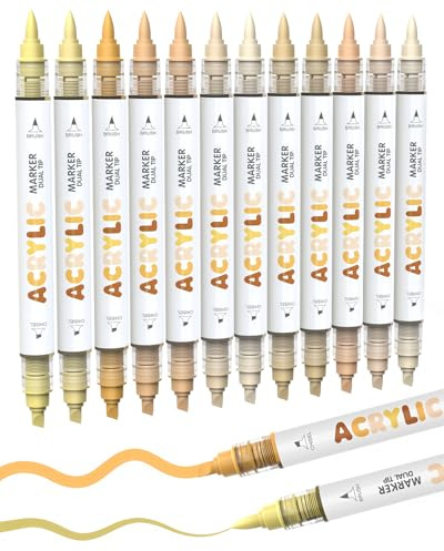 Guangna 12 marcadores de pintura acrílica de doble punta de tono de piel, punta de pincel y punta de cincel para pintura de calabaza, roca, madera, vidrio, papel, libro para colorear, cerámica, lienzo