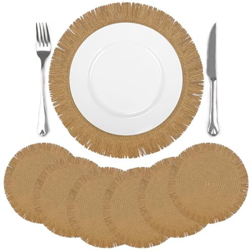 comfoyar Juego de 6 Manteles Individuales Marrón Redondo Trenzado, Salvamanteles Individuales de Manteles Papel con Borla Larga para Cocinas y Comedores Decoración de Mesas para Fiestas 38x38cm