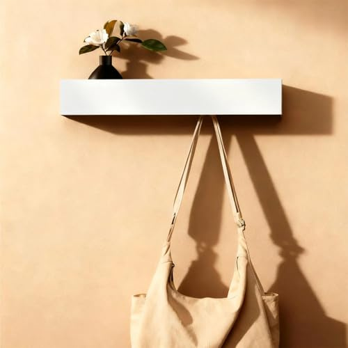 WJUAN 43,5cm Wandgarderobe mit Ablage, Moderne Garderobenleiste mit 5 Verdeckten Kleiderhaken, Weiß Garderobe Wand für Flur, Schlafzimmer & Wohnzimmer, Jackenhalter Wand
