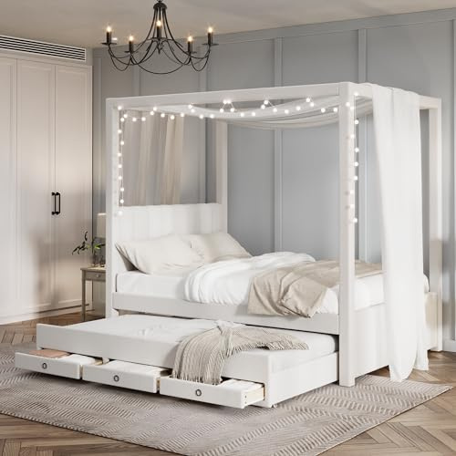 GDFStudio Full Size Canopy Platform Bed Frame with Trundle and 3 Storage Drawers, Upholstered Bed Frame with Curtain-Ready Canopy, Solid Pine Wood & MDF Construction, Beige