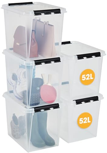 SmartStore 52L Large Plastic Storage Boxes with Lid, 5 Pack, Reinforced, Clear, 10 Year Guarantee, Food Safe, Clip Locked, Stackable and Nestable, BPA Free, L50 x W39 x H41 cm