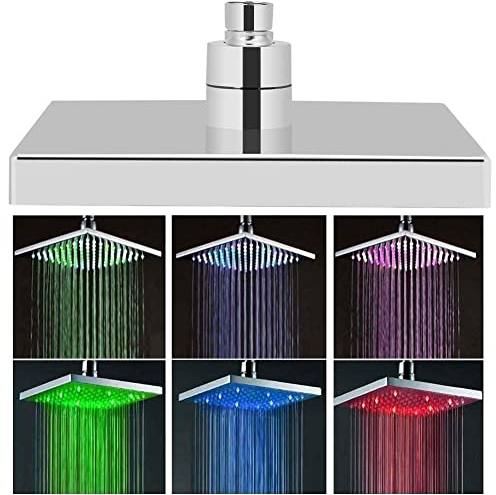 8 Inch LED Shower Head, Square Chrome Face Rainfall Colorful Low Flow Water Saving, Changing Romantic Light, for Home Hotel Villa, Water Power Shower Head, Fixed Shower Head