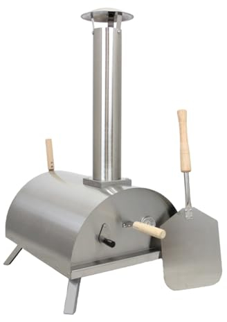 MonsterShop - Forno per Pizza da Esterno a Pellet in Acciaio Inox Nero, con Pala e Pietra Ollare per Pizza, Forno Pizza da Giardino Brucia Pellet