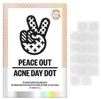 PEACE OUT Acne Day Dot Sheer Hydrocolloid Pimple Patches, Invisible Acne Spot Patches with Encapsulated Salicylic Acid, Retinol, and Aloe Vera, 20 Dots
