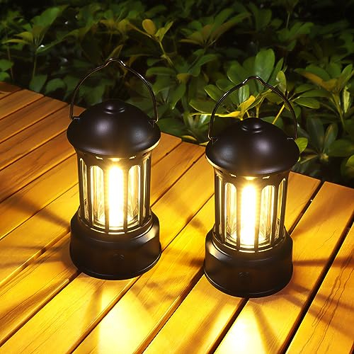 WARMTUYO Lanterne Camping LED, Lot de 2 Rétro Lampe Camping Alimentée par Batterie, IPX4 Lumière Camping Etanche, Luminosité Réglable, pour Camping, Pêche, Jardin, Randonnée et les Pannes D'urgence