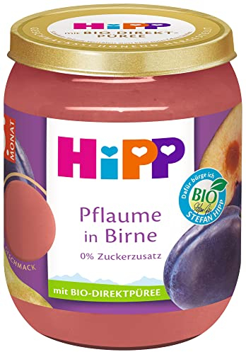 HiPP Bio Früchte Pflaume in Birne (6 x 160g), ab 5. Monat, ohne Zuckersatz, besonders intensiver Fruchtgeschmack, in bester Bio-Qualität.