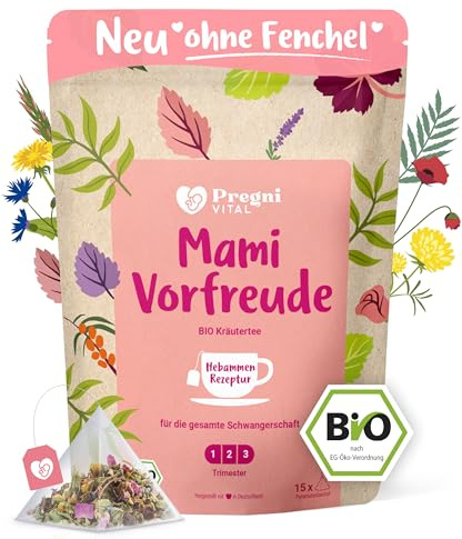 PregniVITAL Mami Vorfreude – BIO Schwangerschaftstee 1. 2. 3. Trimester – Hebammen-Kräuter für die gesamte Schwangerschaft – auch perfekt als Schwangerschafts-Geschenk – 15 Teebeutel