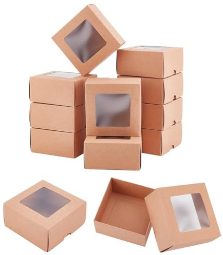 BENECREAT 12 brun kraftpapperslåda med genomskinligt fönster, fyrkantig presentförpackning av kraftpapper 10 x 10 x 5 cm, lämplig för bröllopspresenter, smyckesförpackning