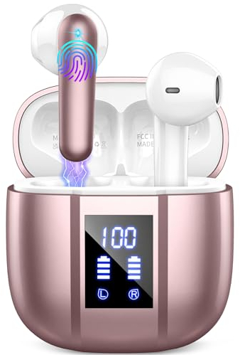 Auriculares Inalambricos Bluetooth, Auriculares Bluetooth 5.3, 48H Estéreo HiFi Cascos Inalambricos Bluetooth con Reducción de Ruido, Comodidad Ligera, Carga Rápida USB-C, oro rosa(segunda generación)