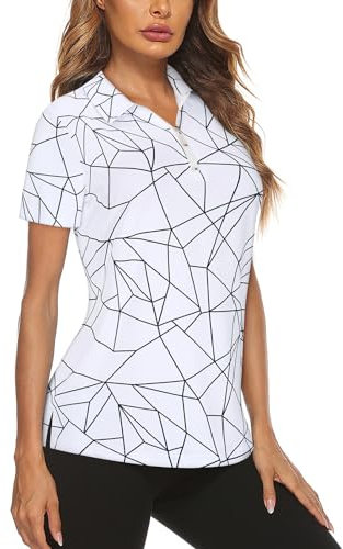 Gemulate Gym Top Women's Short Sleeve Polo Shirts Ladies Golf Tops Moisture Wicking Casual Sports Work Golf Tops with 1/4 Zipper -Geometry White, M