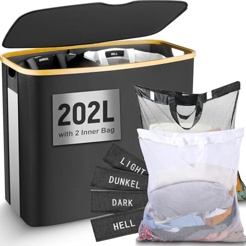 NAYAHOSE 202L Large Laundry Basket with Lid, Collapsible Laundry Hamper with Inner Bags 2 Compartments, Dirty Clothes Basket Bin with Bamboo Handles and Labels, Laundry Bin with Lid for Clothes Toys