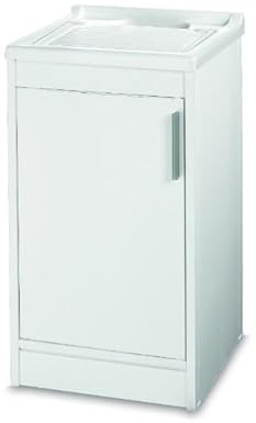 GLOUPIE Mobile Lavatoio Salvaspazio In PVC Bianco Con 1 Anta E Piano Di Lavaggio Richiudibile, L 45 x P 50 x H 86 cm, Completo Di Asse Lava Panni E Kit Di Scarico Sifone E Piletta, Made In Italy