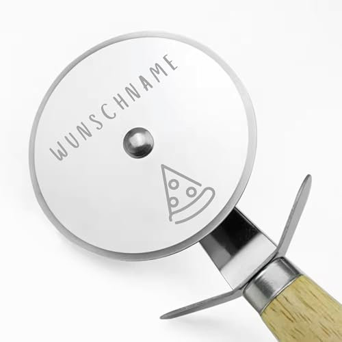 Vienberg Pizzaschneider, 2 Stück, personalisiert mit Wunschtext Gravur, Holzgriff, scharfe Edelstahl Pizzamesser, spülmaschinenfest, schönes Geschenk für Sie oder Ihn
