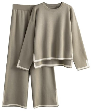 Famulily Ladies Tracksuit Knit Set - Casual Color Blocked Top With Pants Loungewear - Khaki L