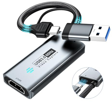 Papeaso Tarjeta de captura de video USB 3.0, tarjeta de captura HDMI a USB-A/C con PD, 1440P 30 fps y captura de video 1080P 60 fps, para transmisión, enseñanza, juegos, videoconferencia o transmisión