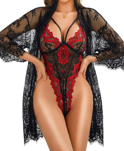 RSLOVE Lencería sexy para mujer - Body de encaje con bata, conjunto de ropa de dormir de malla