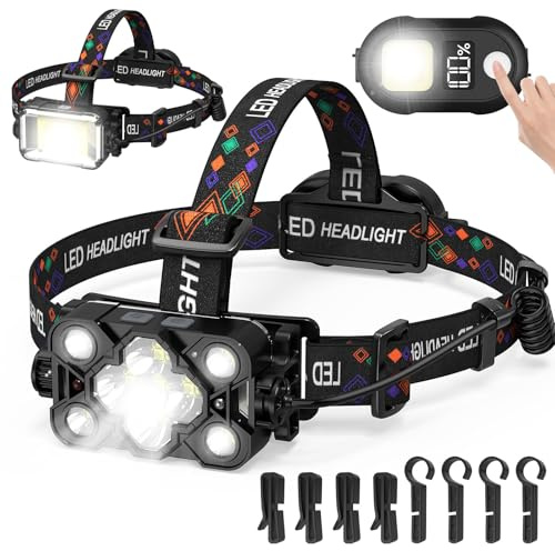 MoKo Head Torch Rechargeable, Super Bright 9 LED 30000 Lumen Head Torch with Sensor, 270° Flip-up Work Light, 5+4+4 Light Modes Multifunctional Headtorch for Camping Running Fishing Hiking, Flashlight