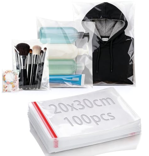 mawmuaw Bolsas Celofan Autoadhesivas 20x30 cm, 100 Piezas Bolsas de Plástico Transparentes Bolsitas Plastico Pequeñas Reutilizable para Alimentos Galletas Bombones Dulces Pan Ropa Zapatos Toallas