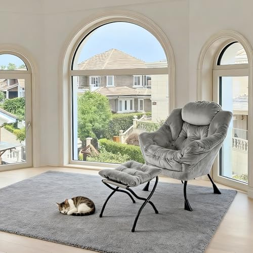 muenfly Sillón de relax con taburete y otomana XXL, color gris, reposapiés, reposabrazos y bolsillo lateral, cómodo sillón de TV y sillón para salón, dormitorio y oficina