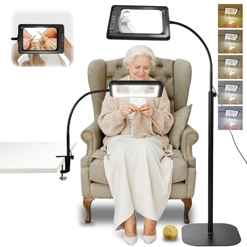 Overcomo 3-in-1 Floor Magnifying Glass with Light and Stand,60 LED Large 7 Inch Magnifier with 5 Colour Modes & 4 Brightness,Dual Lens Design,Adjustable Floor Stand & Clamp for Reading,Crafts, Sewing