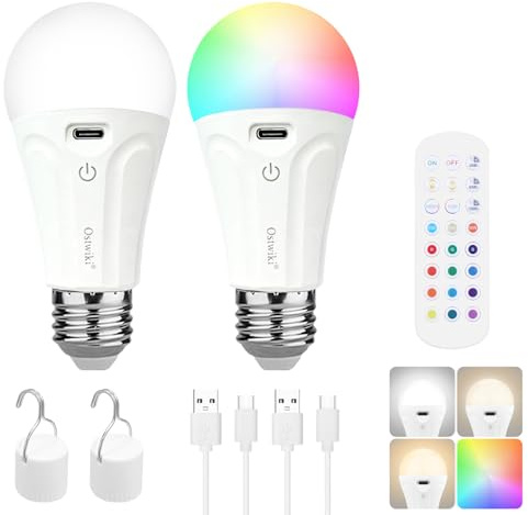 Paquete de 2 bombillas recargables con control remoto, bombillas LED regulables que funcionan con pilas para lámparas y apliques, bombilla de emergencia inalámbrica A19 E26 para corte de energía