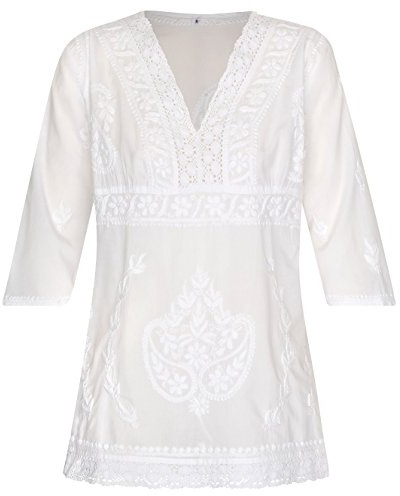 Maharanis Kurti - Camicia a tunica sciancrata in puro cotone bianco ricamato a mano bianco 50