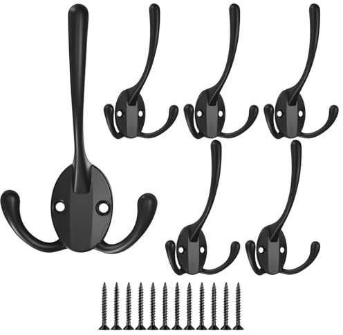 XKQYX 6 Piezas Ganchos Percheros Percha, Tres Ganchos Percheros de Pared para Abrigos con Tornillos para Colgar Abrigo, Sombrero, Toalla, Bufanda, Bolso, Llave, Gorra - Negro