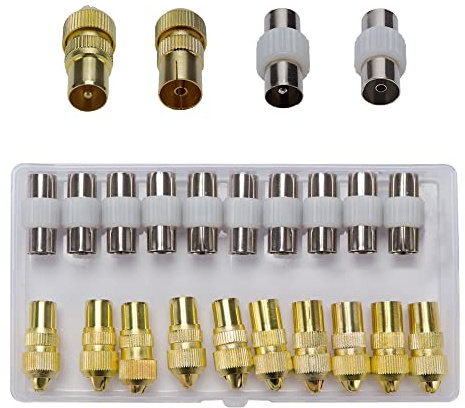 VooGenzek 5 Sets Aerial Connectors, 5 × Female & 5 × Male TV Aerial Coaxial Cable Connectors Adaptor, Cable RF TV Aerial Connector Plug, Male to Male/Female to Female Coaxial Coupler, Gold