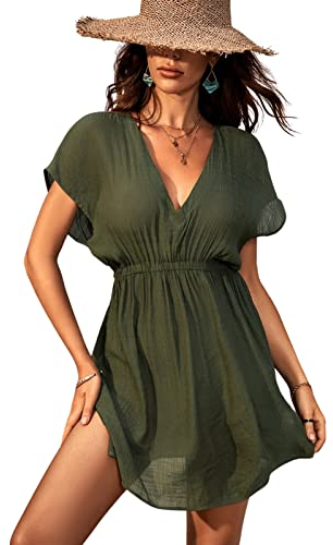 CUPSHE Damen Bikini Cover Up Strandkleid V Ausschnitt Kurzarm Seitenschlitz Sommer Beach Mini Dress Dunkelgrün S