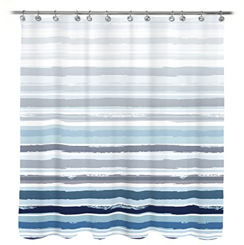 Sunlit Ombre Blue Textured Slubbed Fabric Shower Curtain, Blue and White Stripe Shower Curtains for Bathroom Decoration, Wave Striped Bathroom Curtains, 71x71 (SC001)