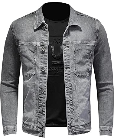 RGVV Herren Jeansjacke,Truckerjacke Vintage Jeansjacke Grau Washed Jeansjacke Stretch Übergangsjacke Mehrere Taschen Freizeitjacke Für Damen Herren,M