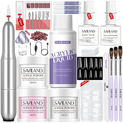SAVILAND Kit Per Unghie Acriliche - Set Di Polvere Acrilica E Liquidi In 3 Colori Con Pennelli Per Unghie/Trapano Per Unghie/Top Gel/Legame Con Ph Non Acido/Colla Per Unghie/Dappen Dish