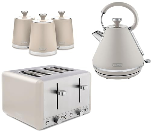 Tower Cavaletto Latte Pyramid Kettle, 4 Slice Toaster & Tea, Coffee, Sugar Canisters Set. Contemporary Matching Kitchen Set in Latte Colour