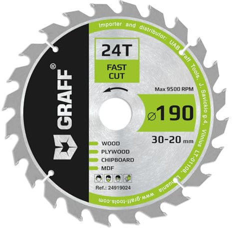 Kreissägeblatt 190x30 mm für Holz (grob) – Sägeblatt 190x30 für schnelle Schnitte von Weich und Hartholz (24 Zähne) – Kompatibel mit Makita und Bosch Sägeblatt 190x30