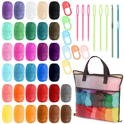 Swpeet 51pcs kit de fil au crochet avec 32pcs fil acrylique multicolore skeins, 10pcs marqueurs de couture, 6pcs aiguilles à tricoter en plastique, 2pcs crochet et 1pc crochet sac à tricoter