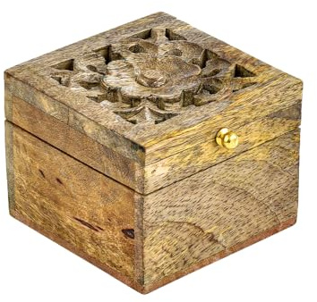 Marrakesch Aufbewahrungsbox mit Deckel aus Holz Lounes 10cm groß | Boho Deko Schmuckkästchen zur Schmuckaufbewahrung | Massive Holzbox handgeschnitzt Ideal als Geschenkbox Geschenke für Frauen