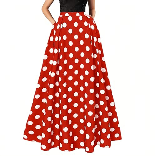 ThreeH Taille Haute Ligne A Swing à Volants Jupe Longue Maxi Jupe Vintage plissée à imprimé Floral à Pois,Rouge