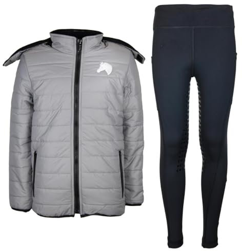 MS-Trachten Reitset Winter Kinder Reitjacke Moni Silber gesteppt mit Reitleggings Amy Schwarz (134/140)