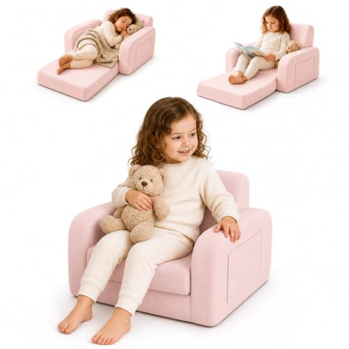3-in-1 Foldable Kids Sofa Chair for Toddler, Convertible Sofa Lounger | Kids Couch Playroom & Bedroom Furniture for Children (Aged 1-3), with Soft Velvet Washable Cover, Gift for Boys & Girls
