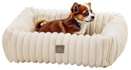 CareCooo Small Dog Bed with Wave-Textured Design, Washable Rectangular Pet Bed, Calming Soft Fluffy Puppy Bed, Non-Slip Waterproof Dog Bedding, Cream, S(50x48x15cm)