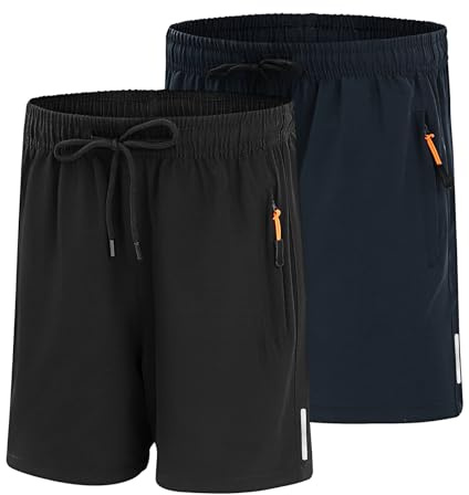 LACOFIA 2 Piezas Pantalones Cortos Secado Rápido Niño Shorts Verano Deportiva Ligero con Bolsillos con Cremallera Cintura Elástica Negro+Azul Marino 13-14 años