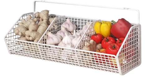 Väggmonterad fruktkorg - 3 fack brödkorg väggmonterad grönsakskorg | Multifunktionell platsbesparande arrangör för vitlök, lök och potatis i köket och skafferi