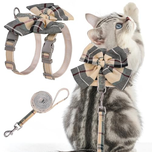 PAWCHIE Cat Harness and Leash Set Escape Proof with Bow Knot, Adjustable Kitten Vest Harness for Outdoor Indoor Use,Lightweight Soft Walking Travel Pet Harness for Medium Cats Boys Girls Puppy,Beige