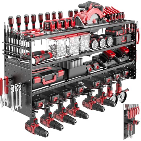 ODSNANIE 4 Ebenen Werkzeug Wandhalterung,Wandhalterung Schlagbohrschrauber Werkzeugregal für 8 Elektrowerkzeug, Metall Werkzeugorganizer mit Seitlichem Schraubendreher für Garage Werkstatt，84.5*20*42